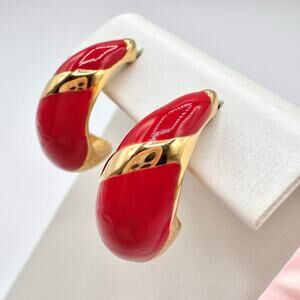 Vintage Monet Red Enamel Puffy J Hoop Huggie Earrings Gold Tone Small Dainty